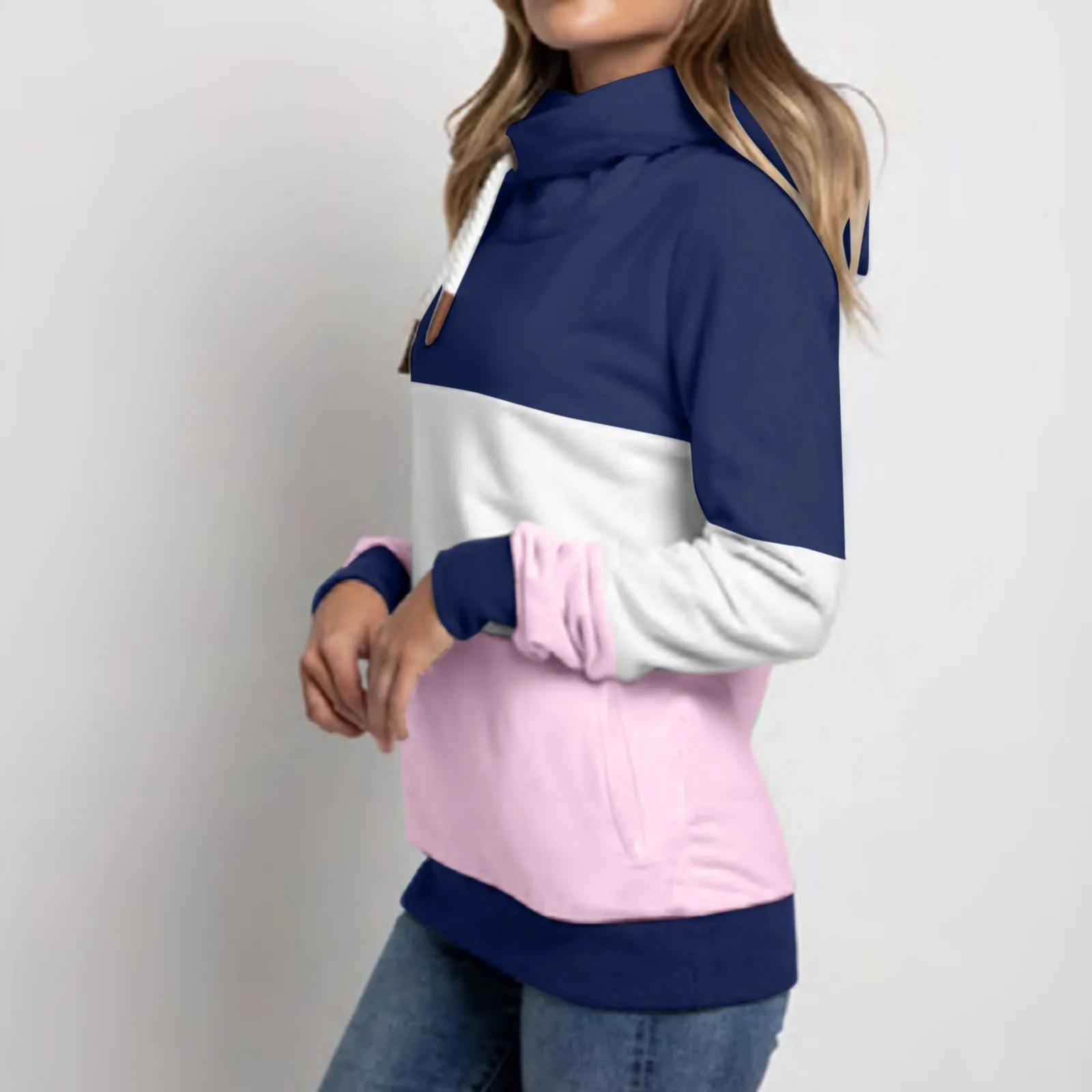 

Autumn Women Three-Color Stitching Drawstring Hooded Casual Fashion With Cap Collar Long Sleeve Tops Lady Black Sweatshirt 2024