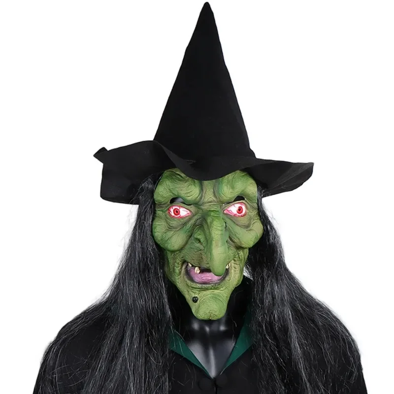 Maschera da strega antica horror di Halloween con cappello Cosplay Pagliaccio spaventoso Hag Maschere in lattice per il viso verde Naso grande Costume da donna anziana Puntelli per feste