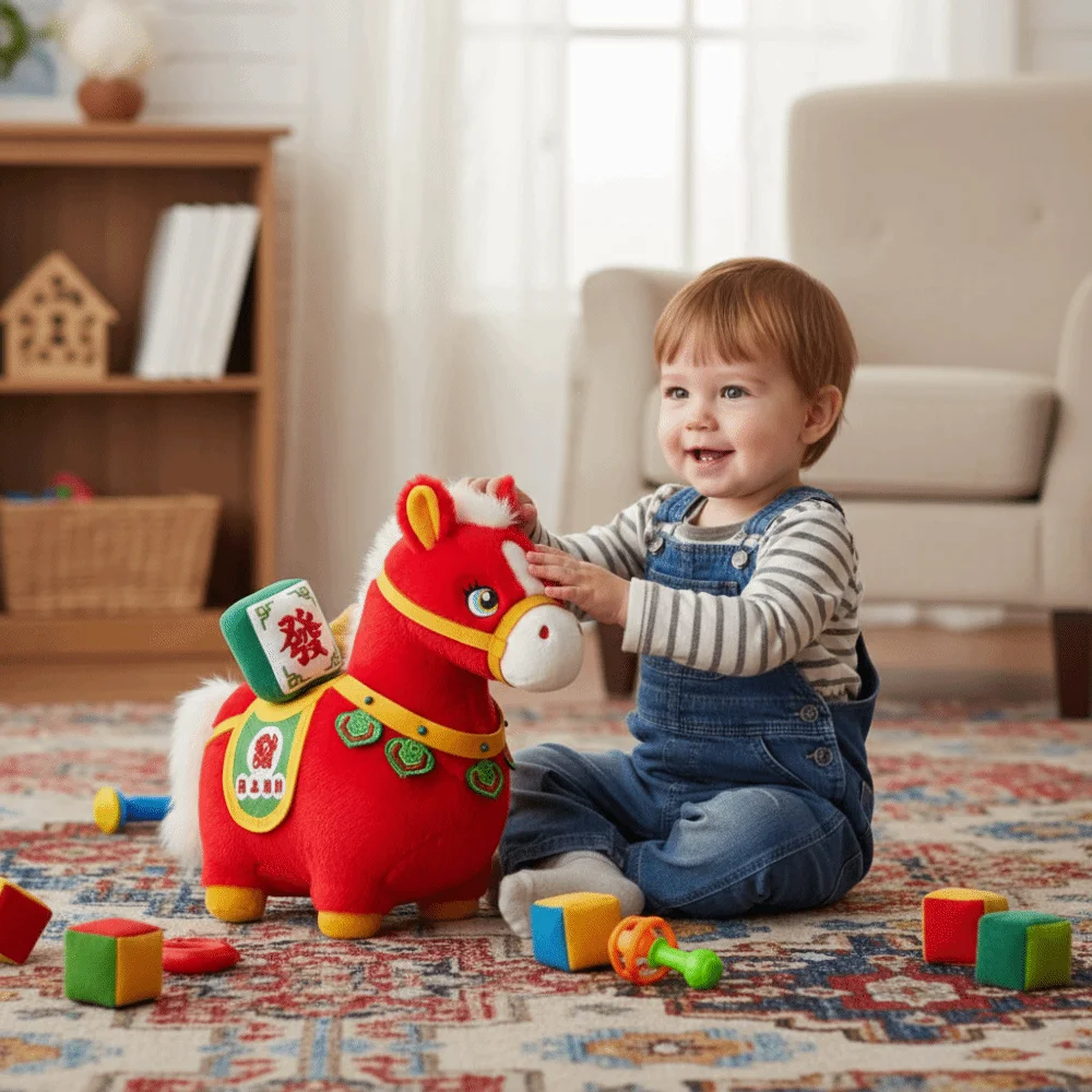 ตุ๊กตาม้าสไตล์จีน ตุ๊กตาสัตว์ยัดไส้ใยสังเคราะห์ PP นุ่ม ตุ๊กตาม้าขนปุย ตุ๊กตาม้าการ์ตูน ตุ๊กตาม้าจีนขนฟู