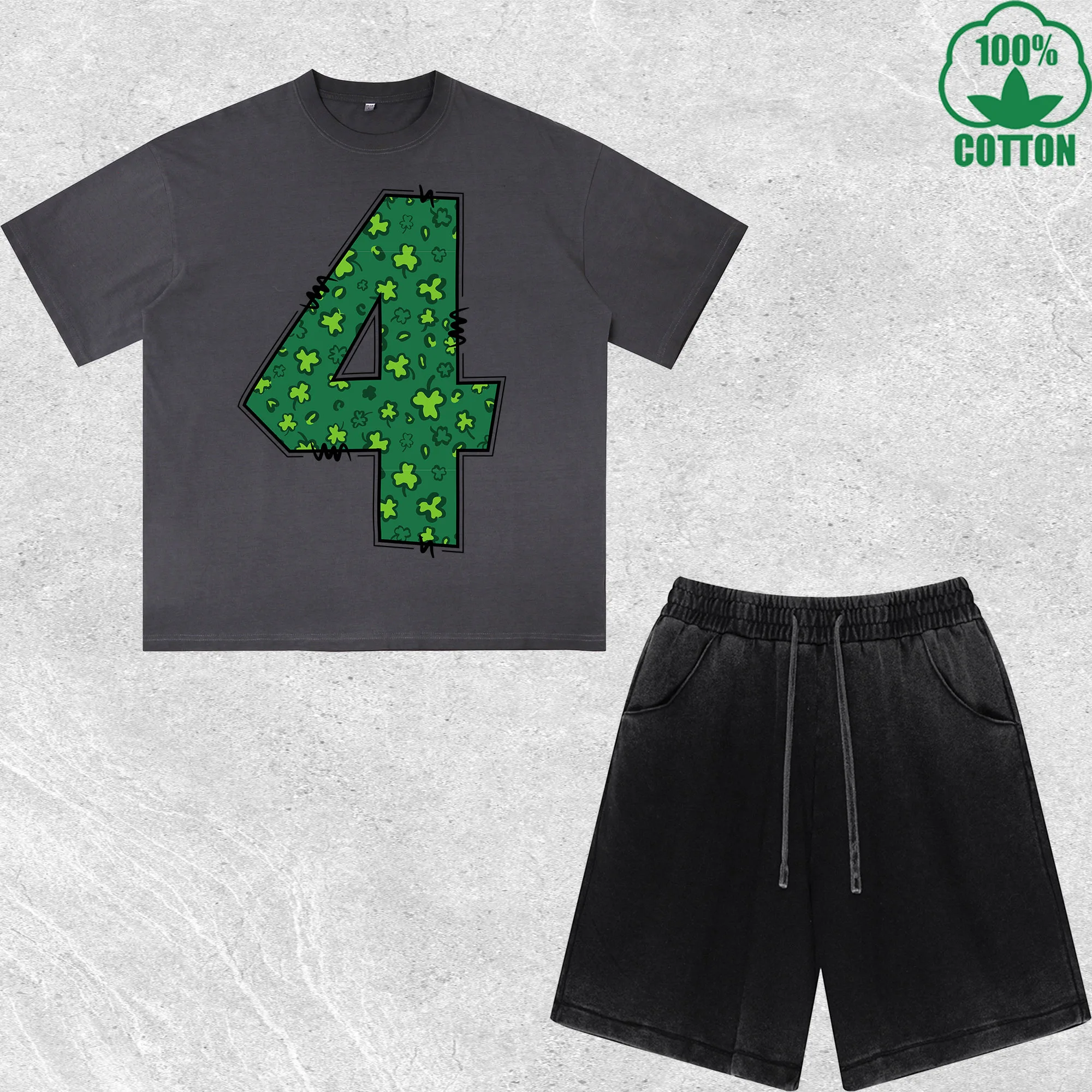 

Luck Letter 4 Printed Dirty Wash T-Shirt Shorts Set Multicolor Combo Loose Trendy Fashionable 100%Cotton Short Value Pack