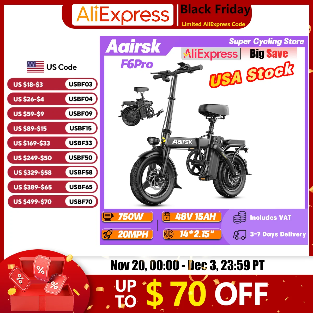 

Aairsk F6Pro Adult Folding Ebike 750W Peak Motor 48V 15Ah Battery Journey Electric Bike 14*2.15" Tire Commuting Electric Bicycle