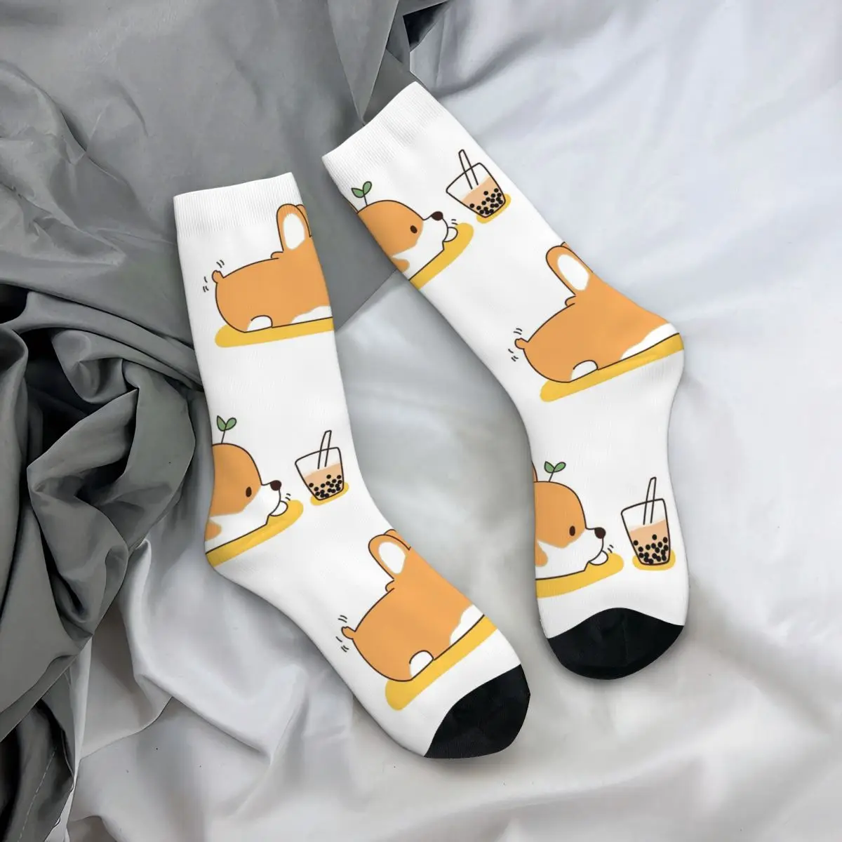 Calcetines Corgi y Bubble Tea, medias absorbentes del sudor Harajuku, calcetines largos para todas las estaciones, accesorios para regalo de cumpleaños Unisex