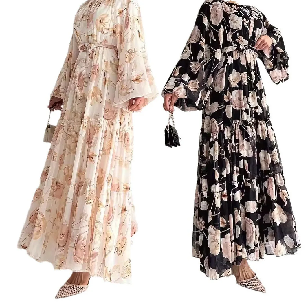 Ramadan Abaya Women Dresses Lace Up Jalabiya Dubai Abayas Kaftan Islam Eid Muslim Flower Print Vestidos Arab Long Robe Morocco