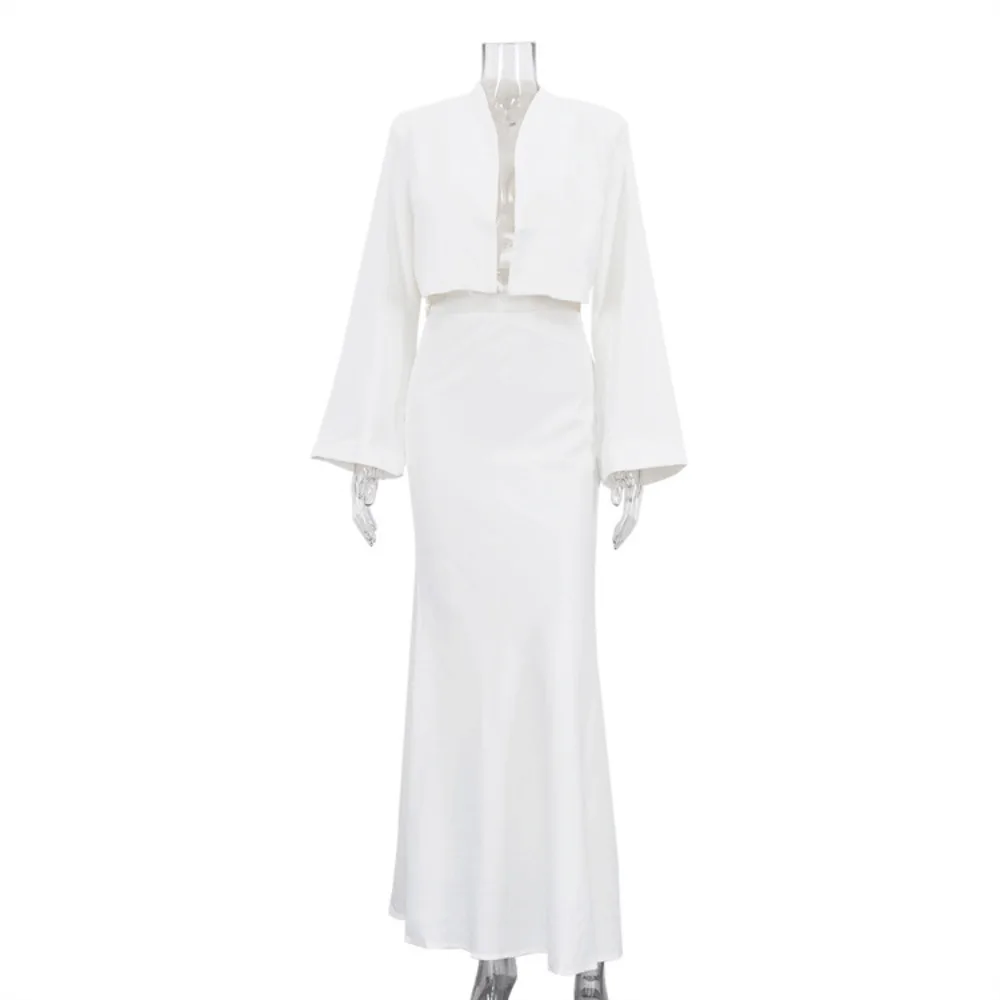 TWOTWINSTYLE Simple Fashionable Two Piece Set for Women V Neck Flare Sleeve Short Top Fishtail Long Skirt Commuting Suit Female