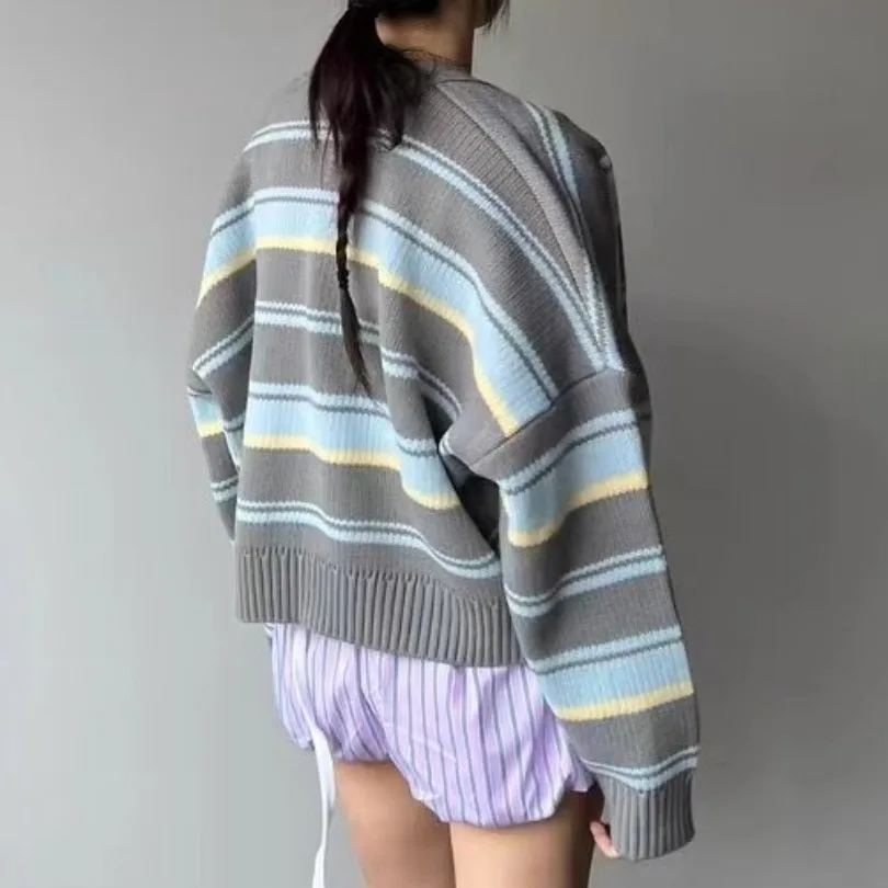 Damski sweter dzianinowy Thiened, luźny krój, jesień-zima, nowość, Dongda Gate, poziome paski, odzież wierzchnia, top.