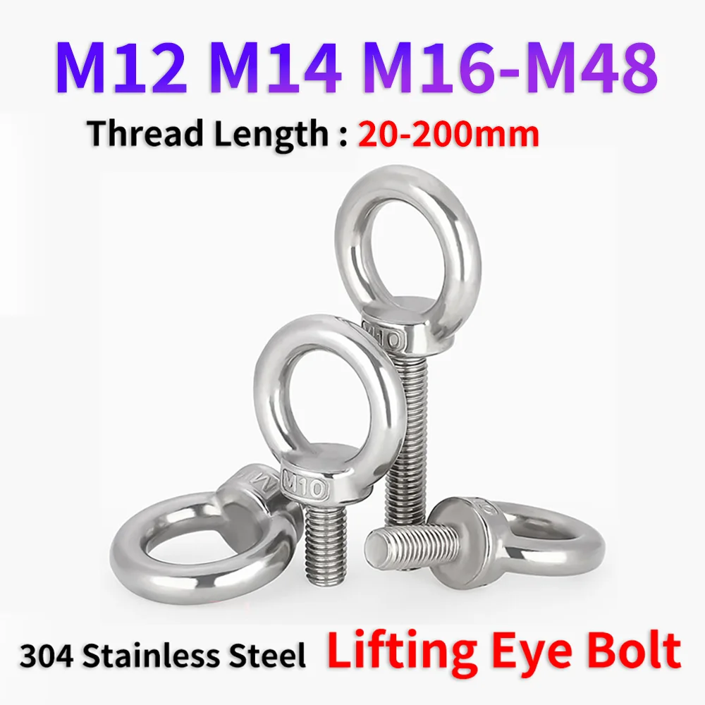 M12 M14 M16 M18 M20-M48 304 Stainless Steel A2 Lifting Eye Bolt Marine Lifting Ring Eyebolt for Wire Cable Rope Lifting Hardware