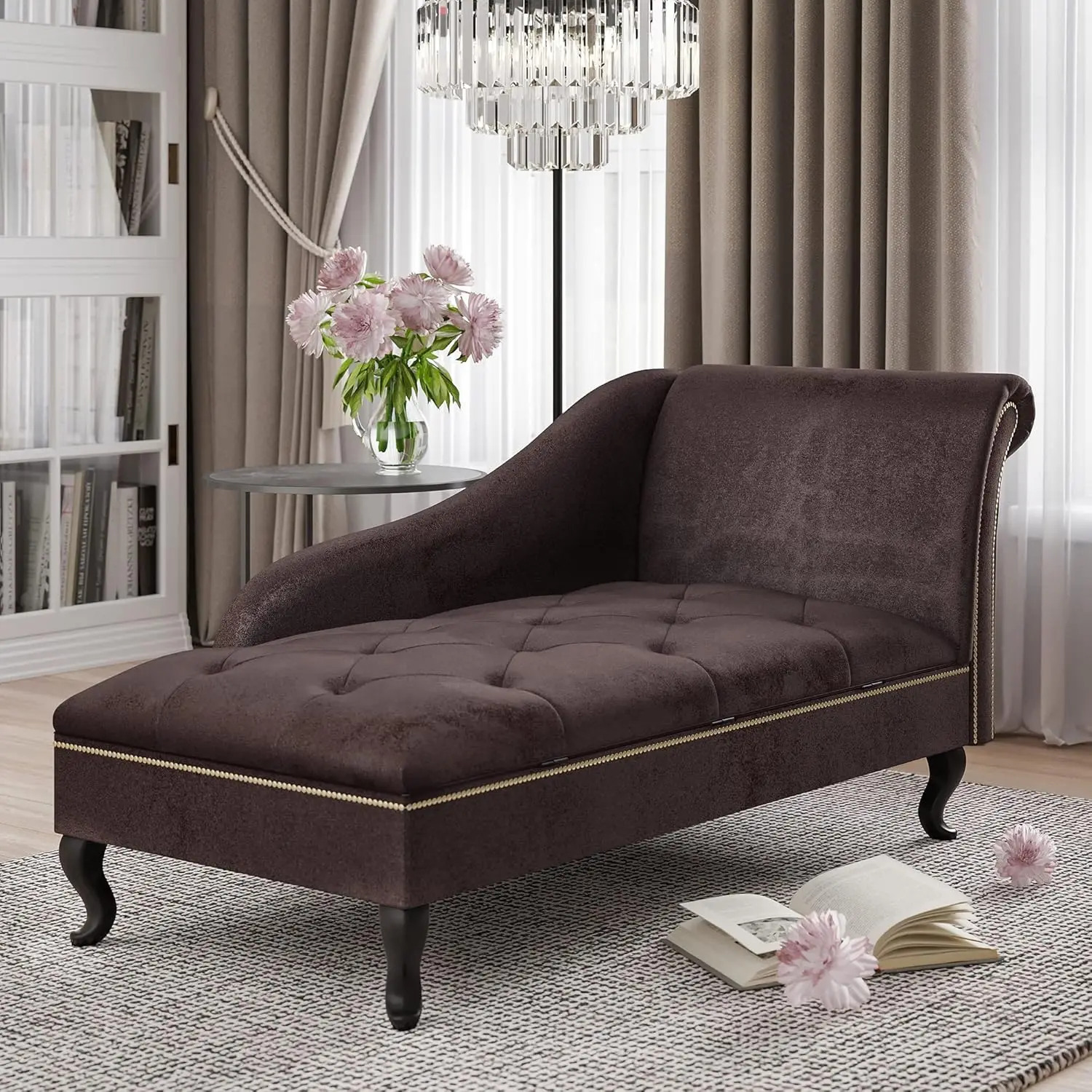 Modern Tufted Velvet Chaise Lounge with Storage, Elegant Victorian Vintage Style Upholstered Couch for Bedroom or Living Room