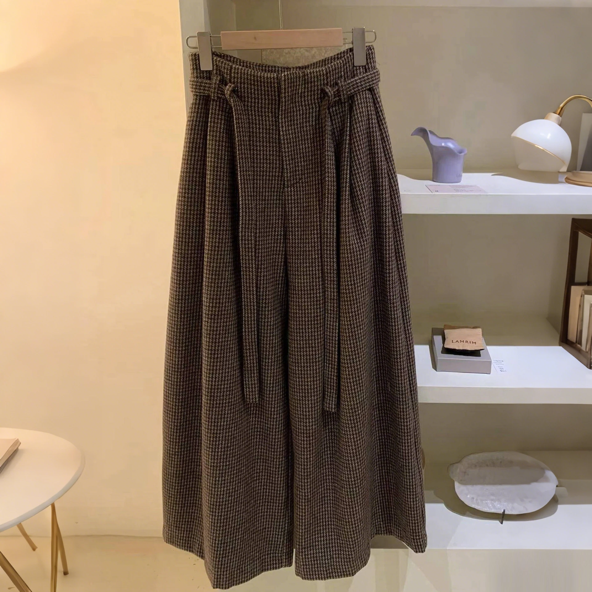 

Retro Plaid Thiened Woolen Pants Women's Autumn Winter Versatile Casual Wide Leg Pants High Waist Dra Loose Long Trousers