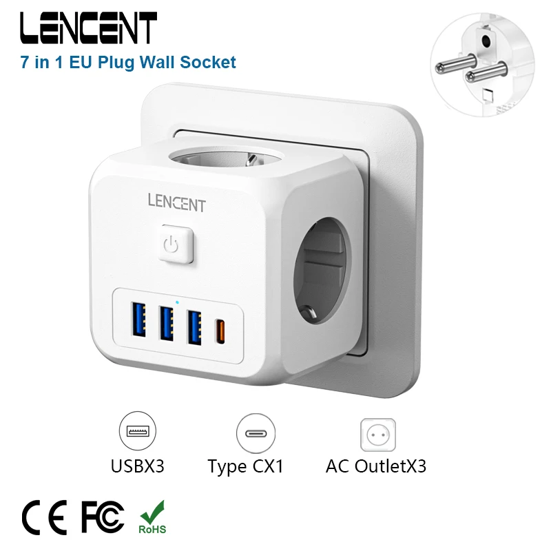 LENCENT EU Plug Wall Socket Extender with  3 AC Outlets +3 USB  Ports+ 1Type C 5V 2.4A  Adapter 7-in-1 Plug Socket On/Off Switch