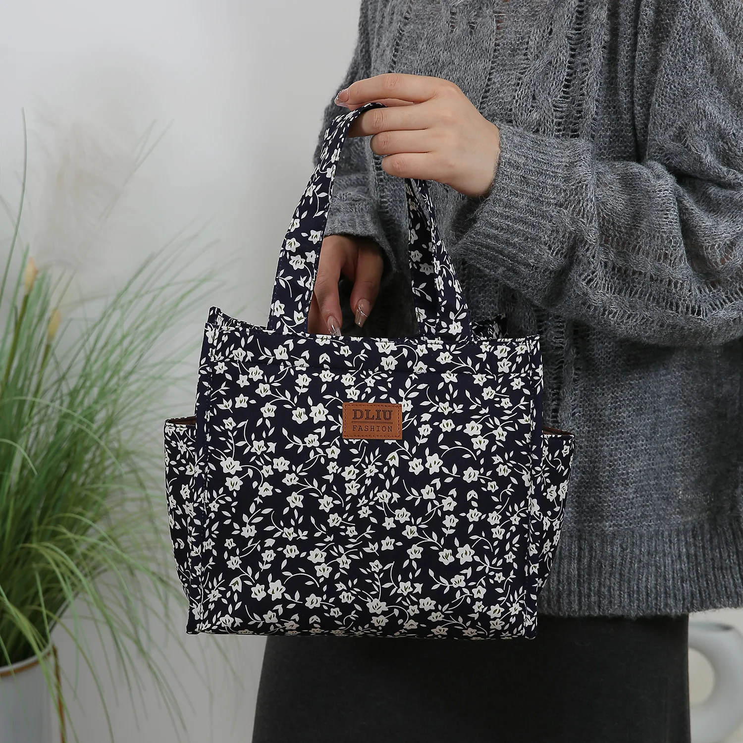 Neue Handtasche aus verdicktem Stoff mit Blumenmuster, Lunch-Tasche, tragbare Lunchbox-Aufbewahrungstasche, Reißverschluss-Design, multifunktionale Tragetasche – Detail 23