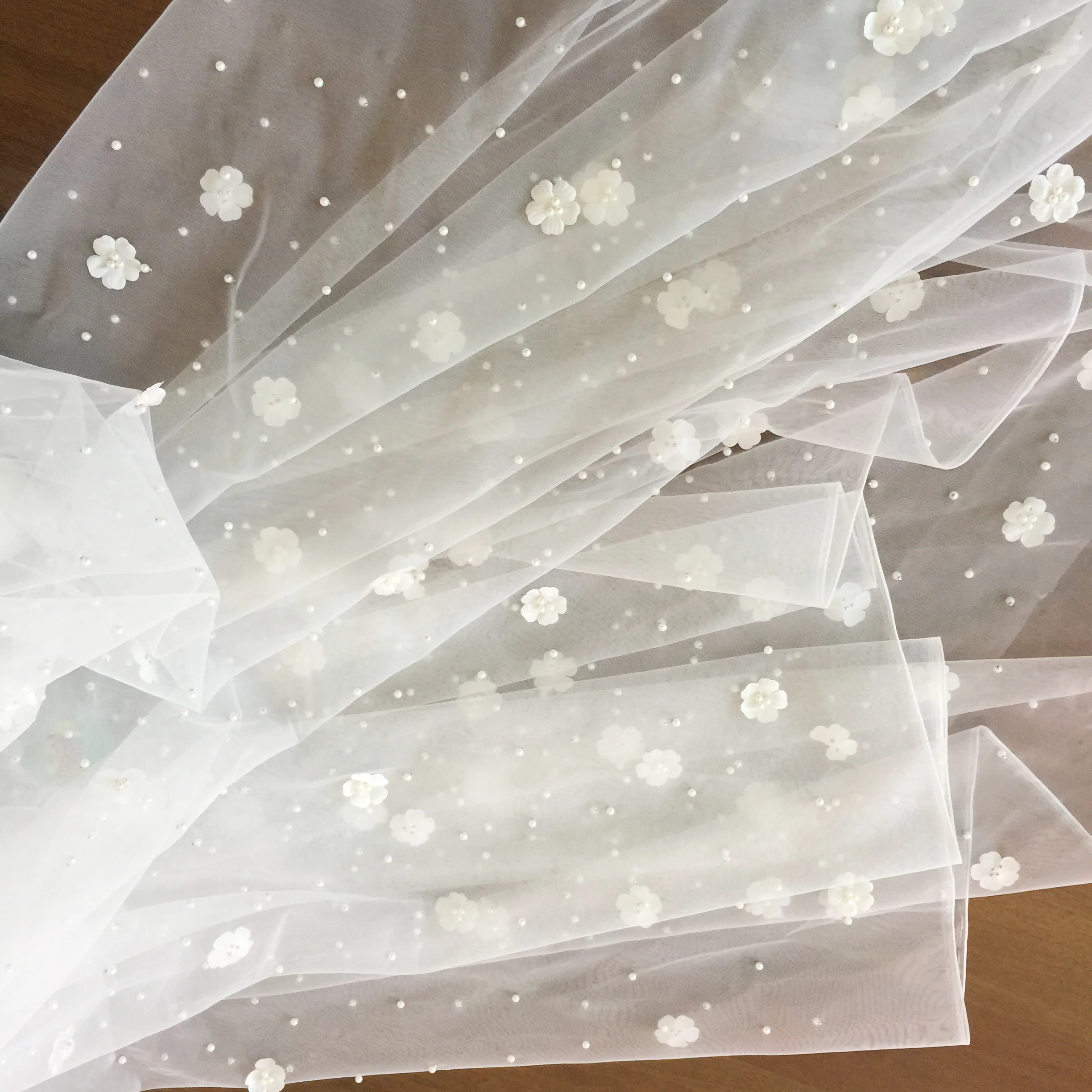 3D Flower Pearl Studded Mesh Fabric, Sewing Lace, Wedding Dress, High Set, DIY Accessories, RS4058