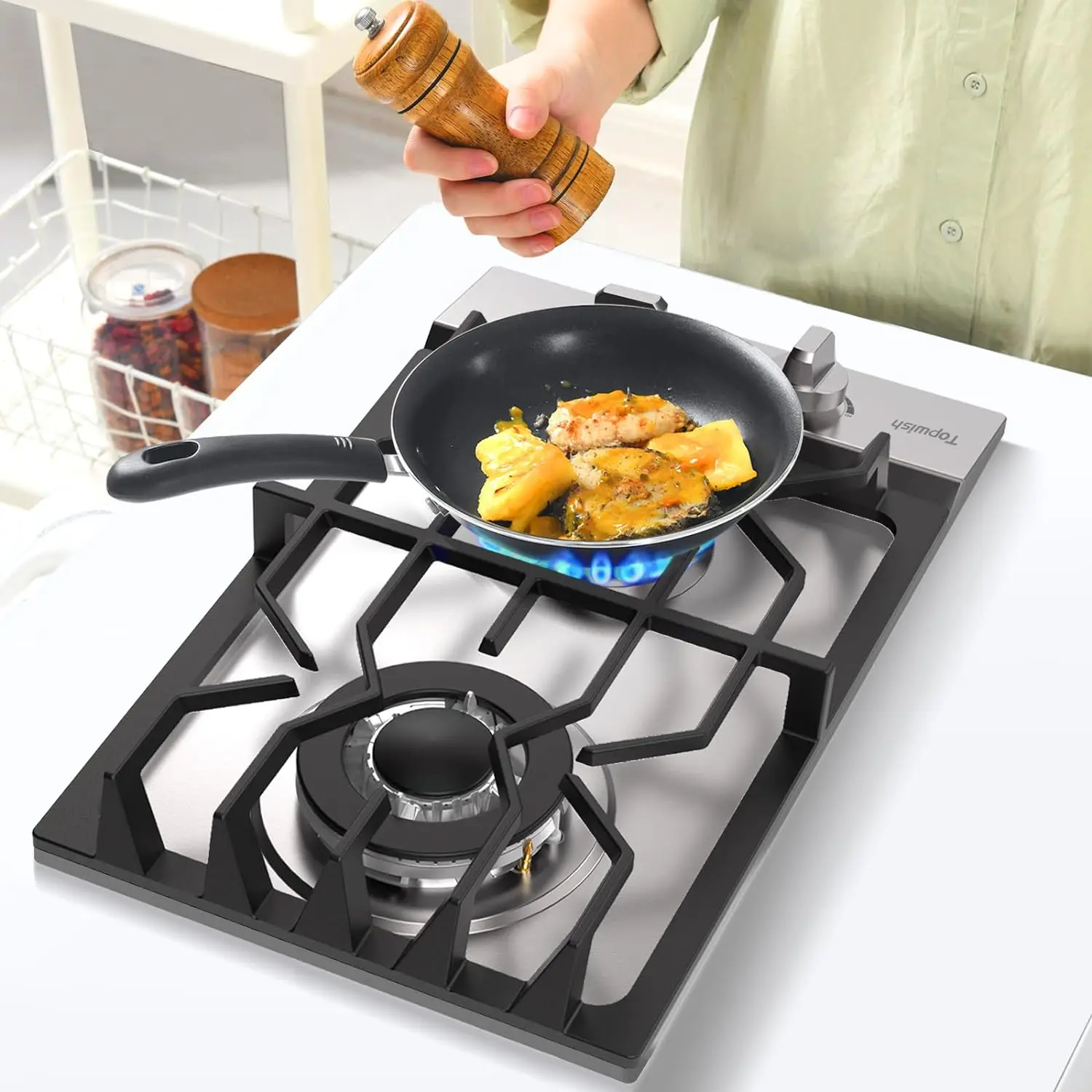 موقد غاز البروبان بشقتين، موقد غاز مدمج مقاس 12 بوصة LPG/NG مع 2 شعلة محكمة الغلق ITALY SABAF مع حماية