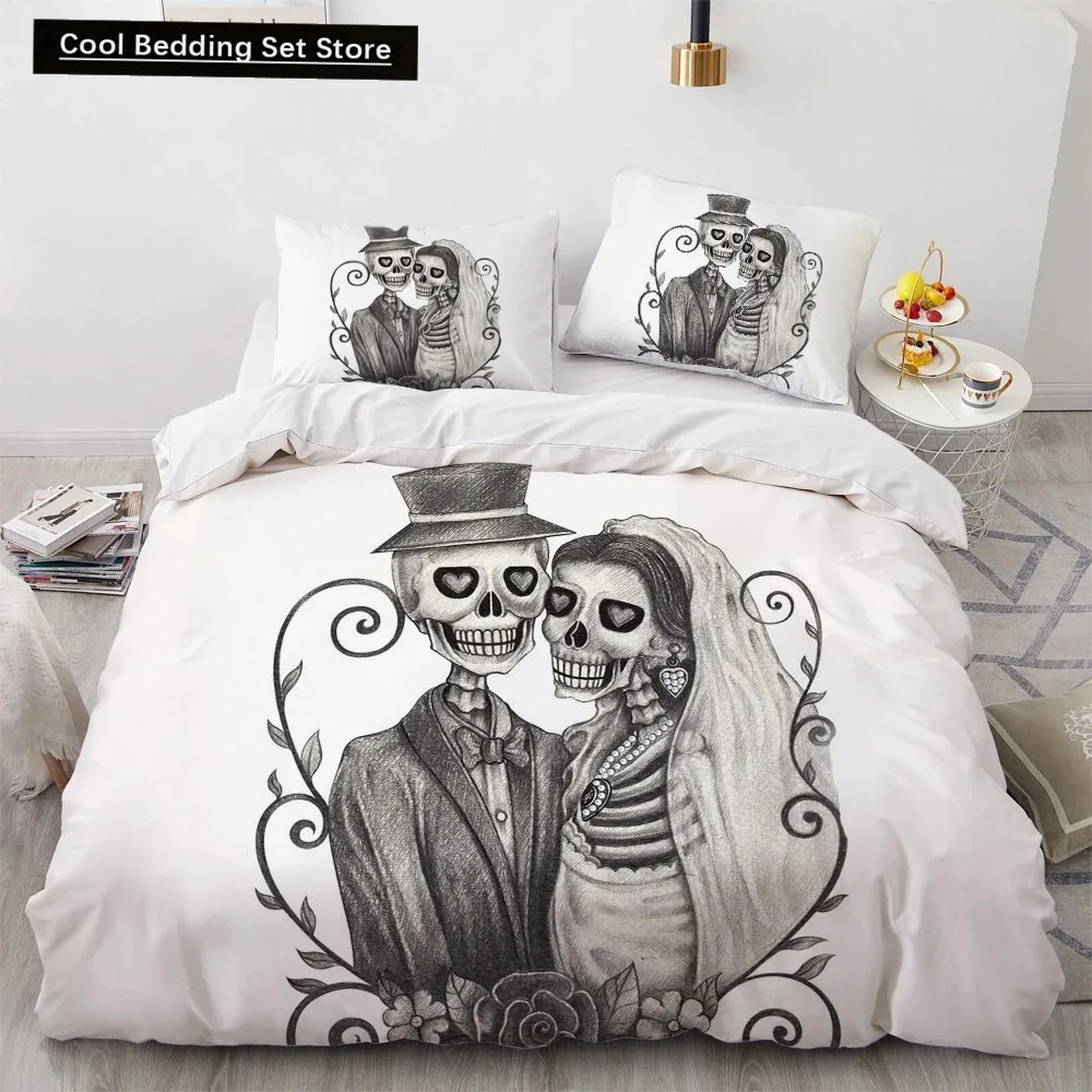 

Skull Couple King Queen Duvet Cover Skeleton Bride Bedding Set for Kids Teens Adults Halloween White 23pcs Soft Quilt Cover