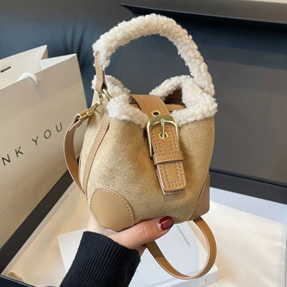 Novo mini sacos femininos versátil lã de cordeiro balde bolsa de ombro crossbody bolsa elegante outono inverno