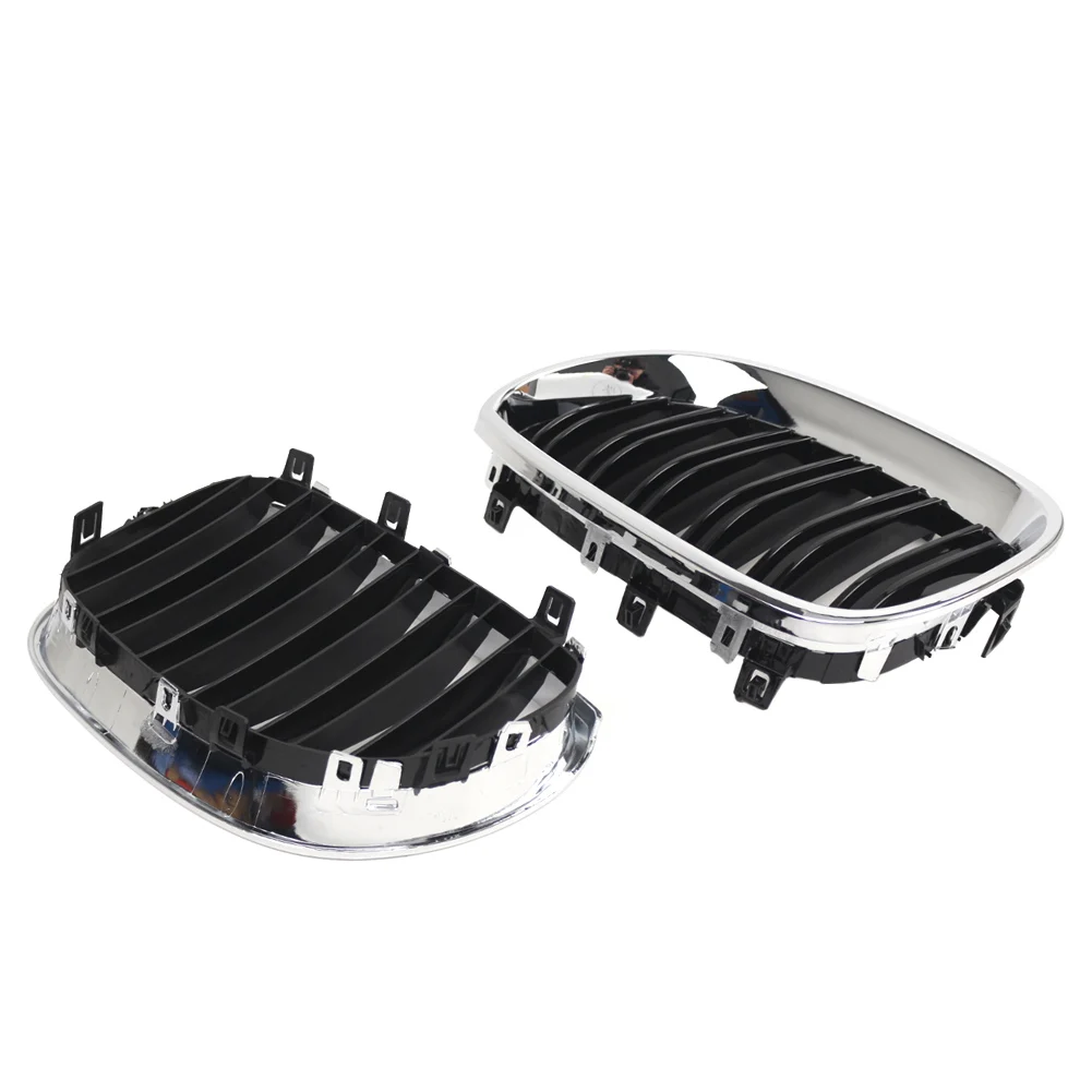 1 Pair Front Bumper Hood Kidney Grille For BMW 5-Series E60 Sedan E61 Touring 2003-2010 ABS Plastic Chrome+Glossy Black