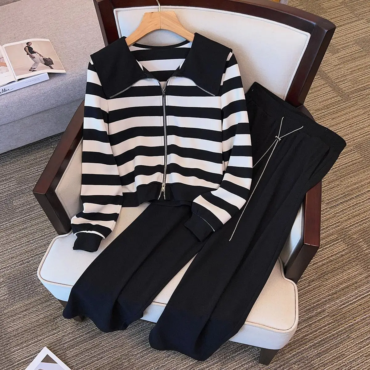 

Autumn Winter Cotton Two-piece Set For Women 2023 Stripe Jacket Coat Tops And Wide Leg Pants Female 4XL Party Casual Slim Suits