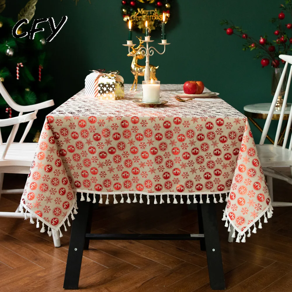 

Christmas Festival Elk Prints Cotton Linen Rectangular Tablecloth Home Coffee Dining Table Fireplace Microwave Cover