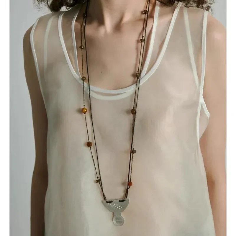 Ethnic style semicircular handle spoon pendant necklace simple high-end long necklace retro niche design pendant female