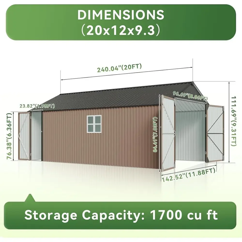 Large Outdoor Metal Storage Shed with Double and Side Doors, Windows, for Vehicles, Tools, and Sundries (Brown)