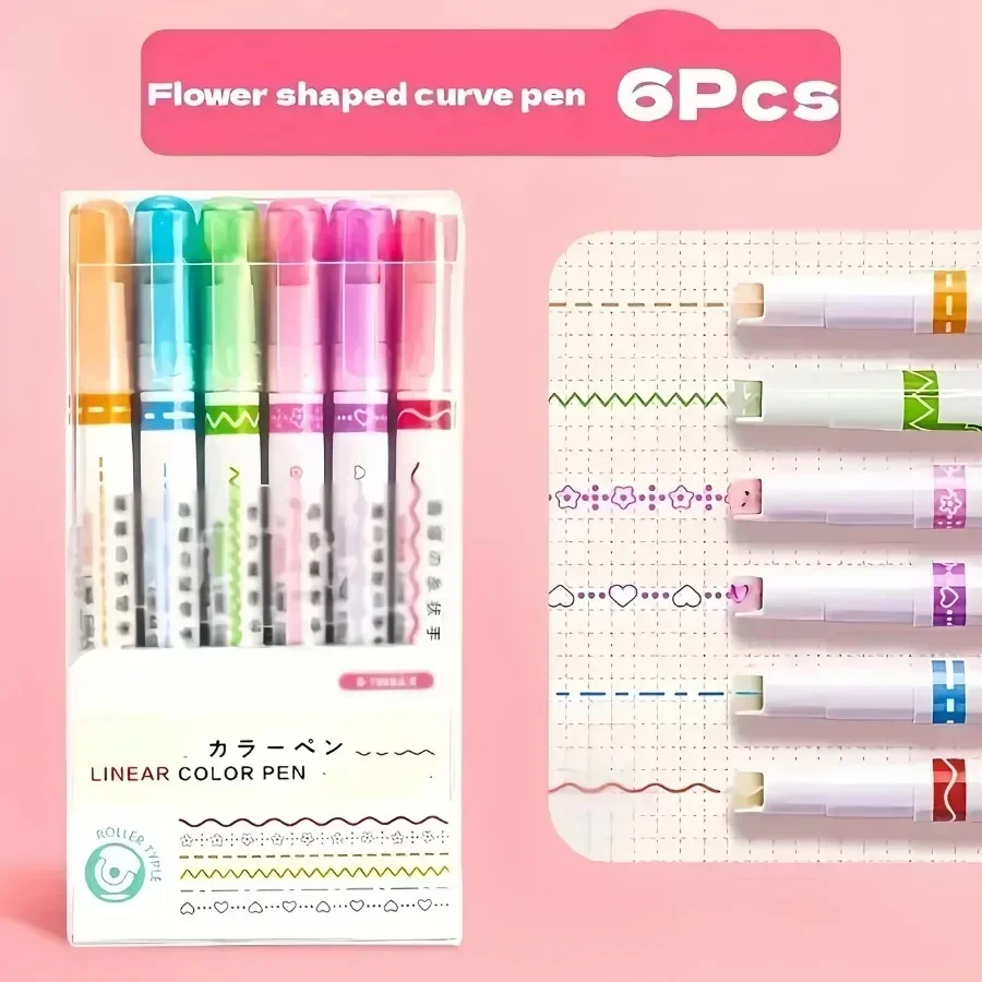 

1 Set of 6-pack Multi-color Flower Shaped Contour Pens, Suitable for Note Taking and Creative Projects