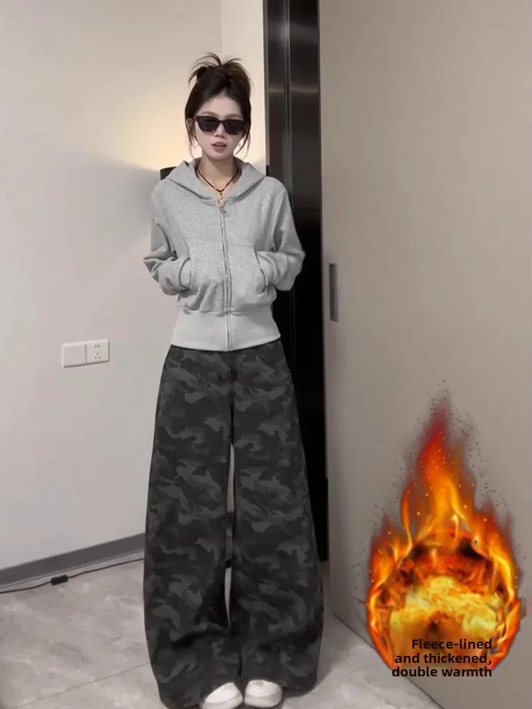 

plus Size Fleece Lined Thick Wide Leg Camouflage Workwear Jeans Women High Waist Loose Slim Straight Pants Casual Style