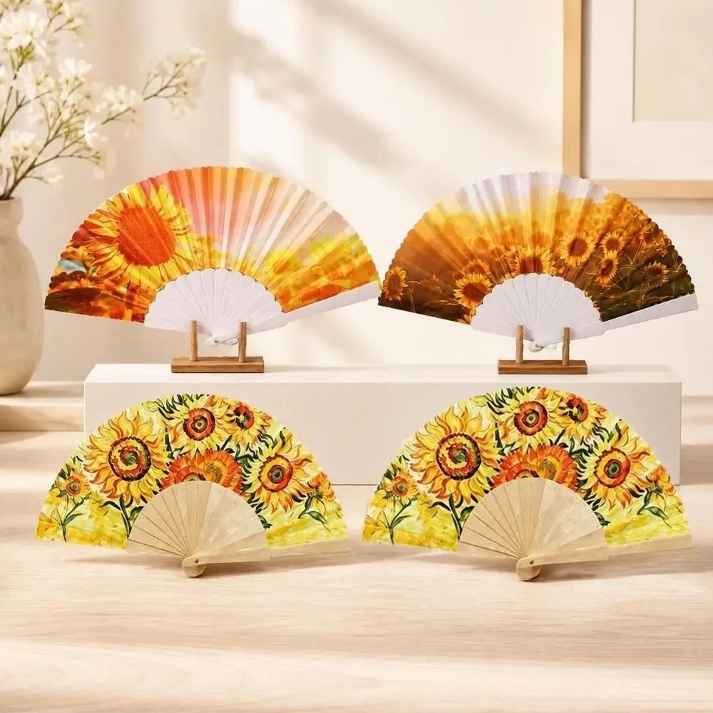 European Style Sunflower Folding Fan Handheld Handwork Design Cloth Fan Collapsible Retro Dance Fan Photography Prop