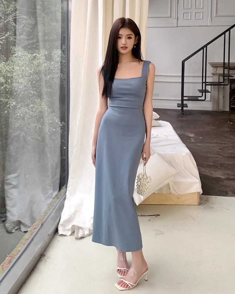 Vintage Sexy Bodycon Midi Summer Dress Women Sleeveless Casual Slim Solid Party Sumdress Female Chic One Pieces Robe Mujers