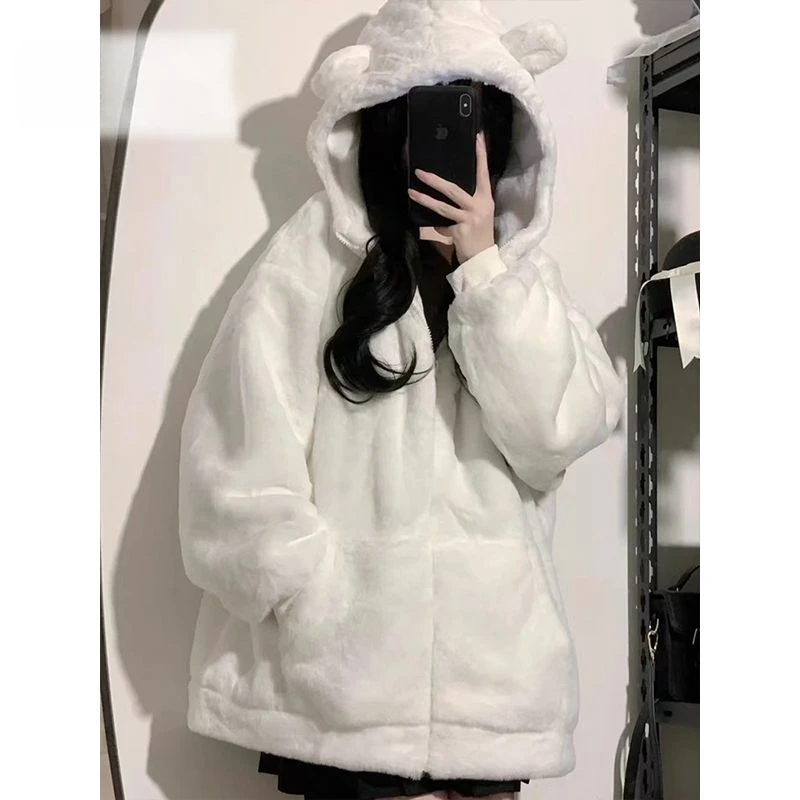 일본 후드 양털 겨울 흰색 코트, 달콤한 여성 Sudaderas Mujer 프레피 스타일 Y2k 스웻셔츠 재킷, 귀여운 곰 귀