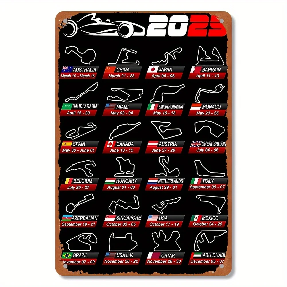 2025 Retro Formula Racing Calendar - Rustproof Metal Tin Sign with Vintage Race Track Design,  Weather-Resistant Wall Art for Ga