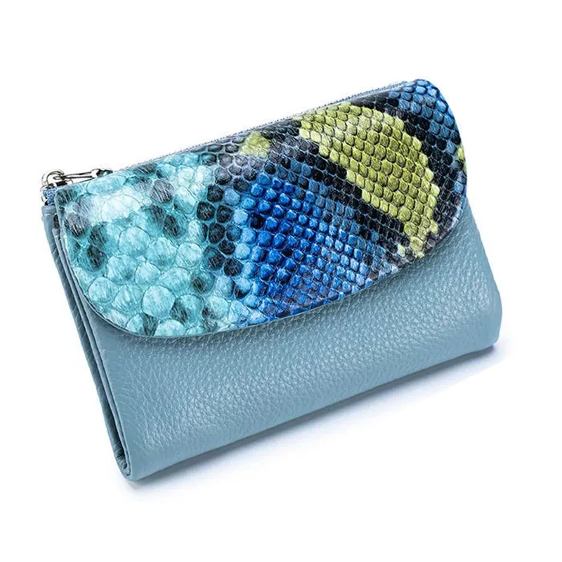 Patchwork Snake Print Short Genuine Leather Wallet Multi-functional RFID Card Holder Purse 2026 New Small Zipper Clutch