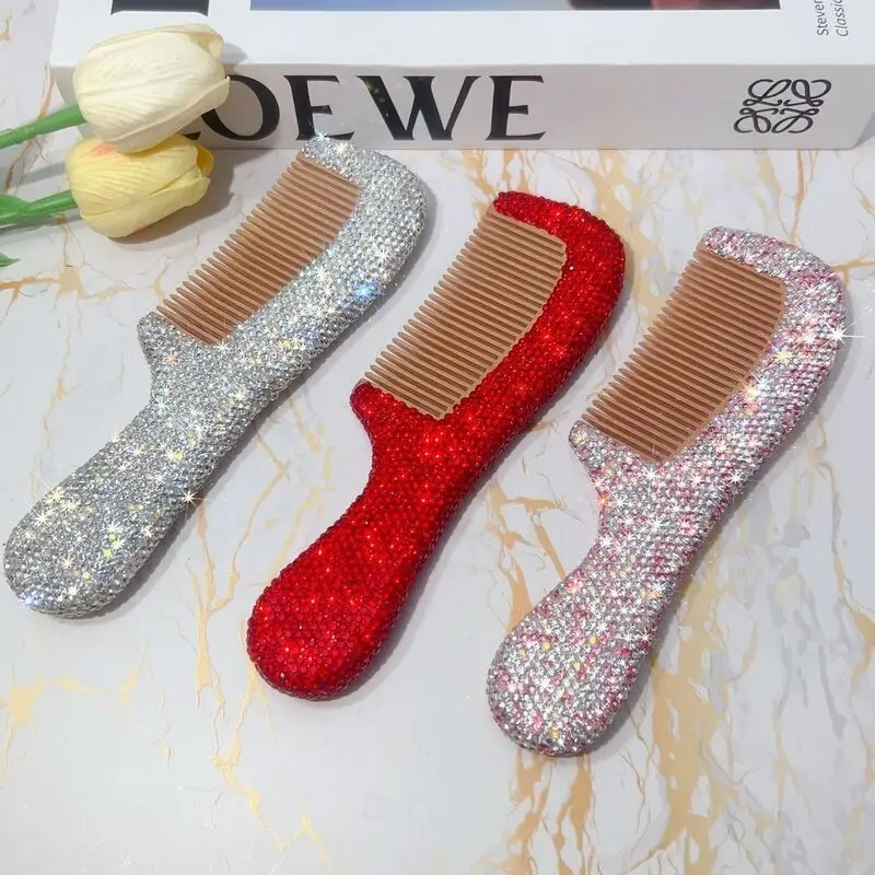 Diamond-embellished Compact And Thickened Hair Portable Large-sized High-value Peach Wood Comb, Light Luxury Diamond-embellished