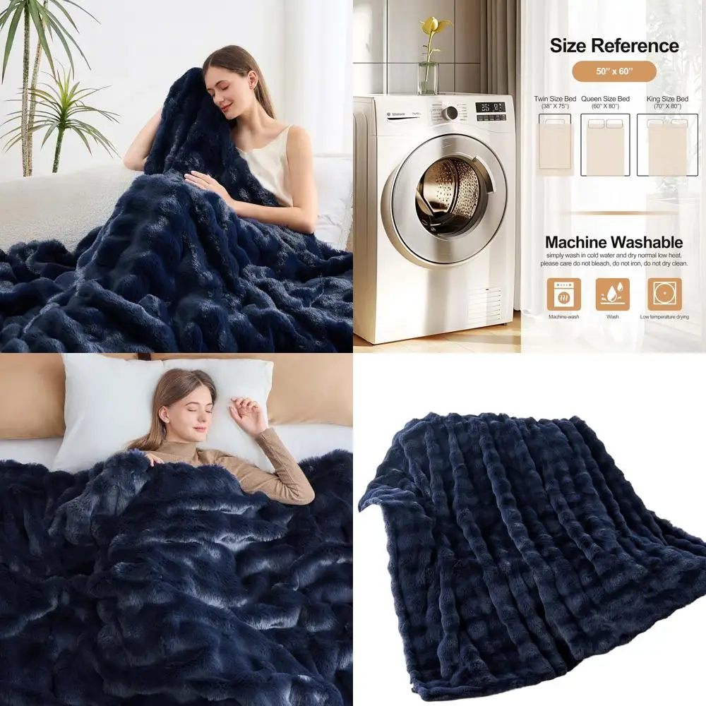 

Elegant Blue Faux Rabbit Fur Blanket, Plush Cozy Throw for Bed or Couch (50x60 Inches)