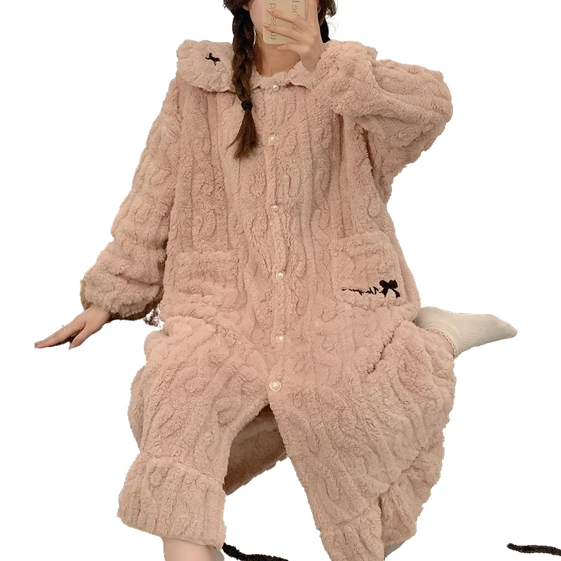 Bow Robe for Women Sleepwear Nightdress Winter Night Wears Warm Fleece Pajama One Piece Nightgown Button Long Sleeve Homewear