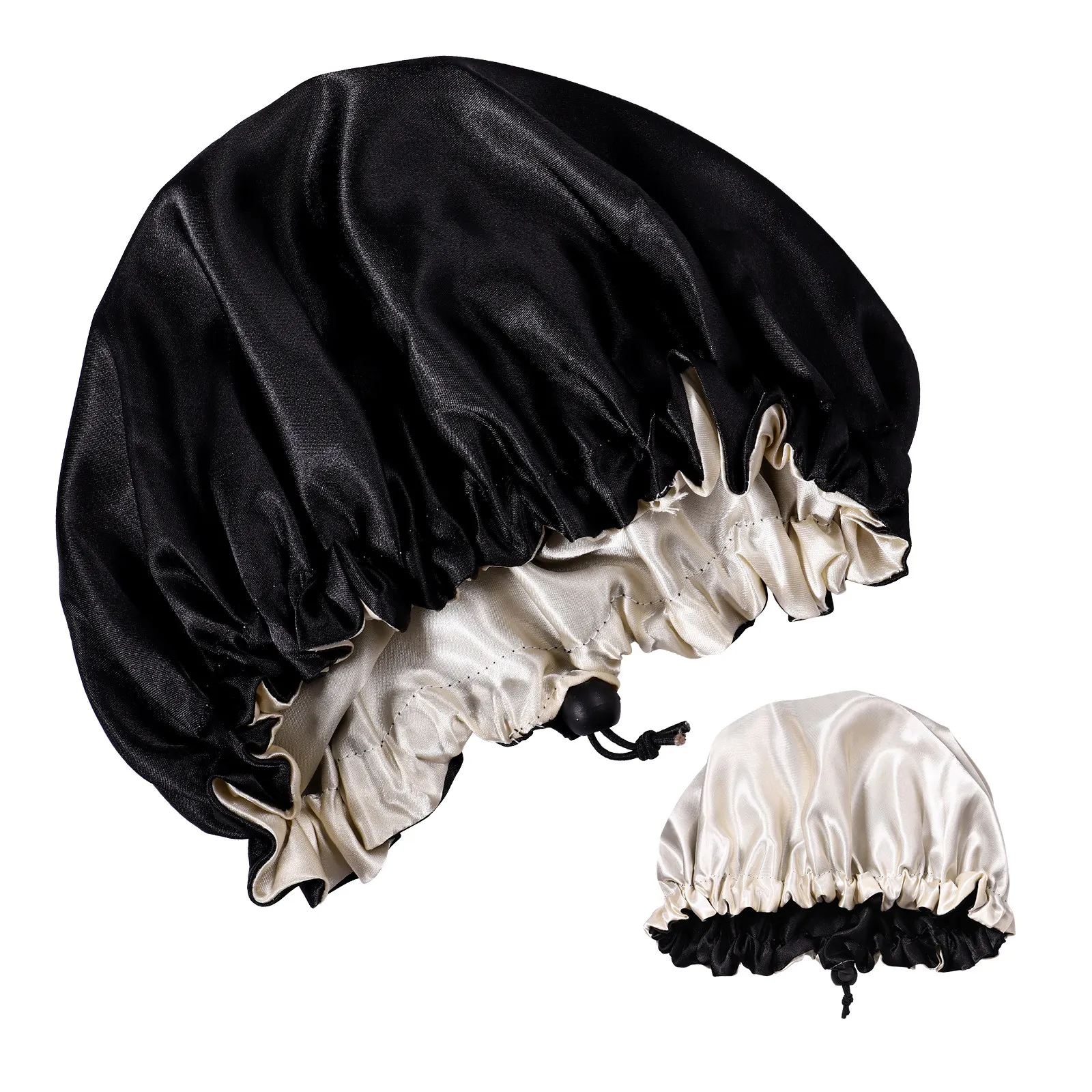 Double Layer Satin Sleeping Hat Elastic Adjustable Head Cover for Hair Styling Protection during Sleep Shower Black
