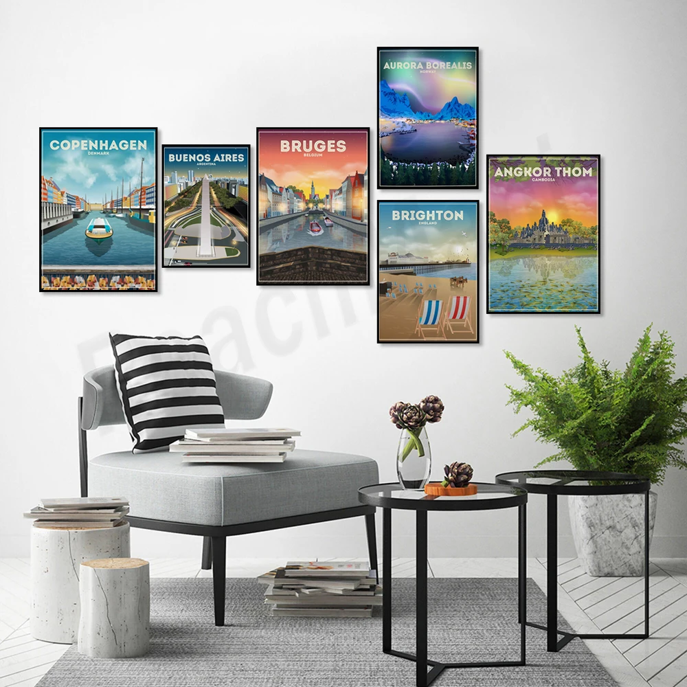 Gibraltar, Edinburgh, Florence, Sri Lanka, Denmark, Norway, Bora Bora, Belgium, Cambodia Angkor Wat, Capri Island Travel Poster