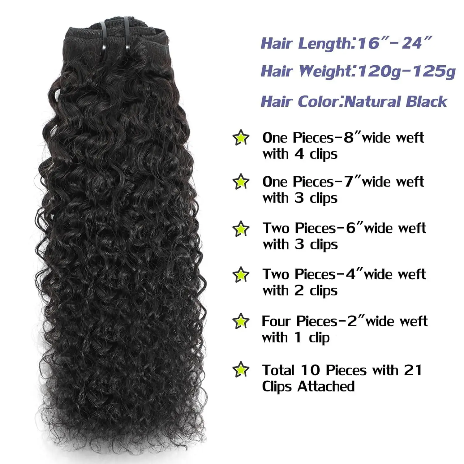 Curly Clip In Hair Extension Clip In Extension 3C 4A Kinky Curly Clip In Human Hair 16 Inch 10Pcs Lace Weft Natural Black Color