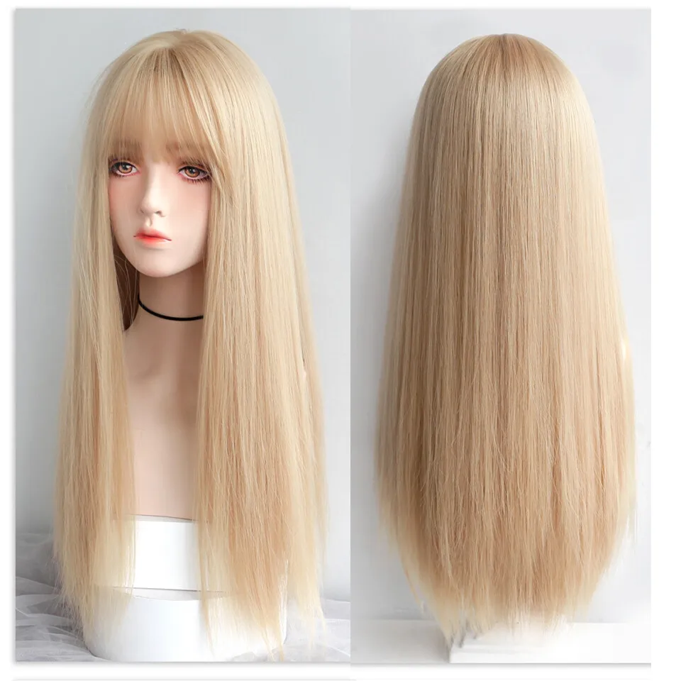 

Long Straight Heat Resistant Hair Light blonde Costume Wigs With Bangs