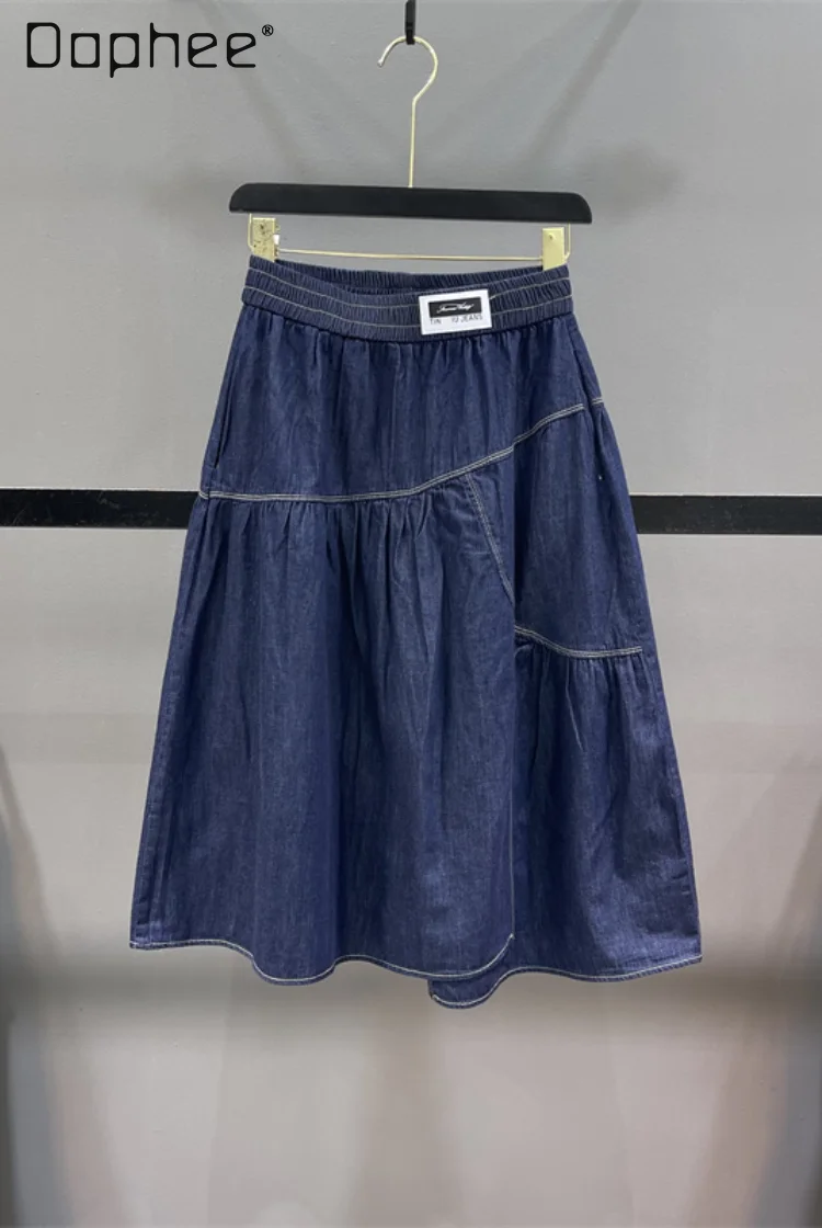 

Women Blue Denim Skirts Irregular Elastic Waist Large Swing Pleated Skirt Loose A Line Patchwork Casual Midi Skirt Summer