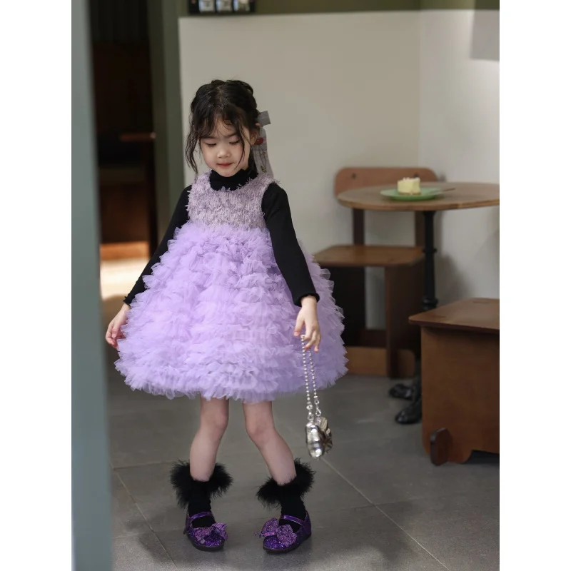 

Фиолетовая сетчатая юбка-торт для девочек2025Новое осенне-зимнее пышное платье-торт для девочек с флисовым платьем принцессы