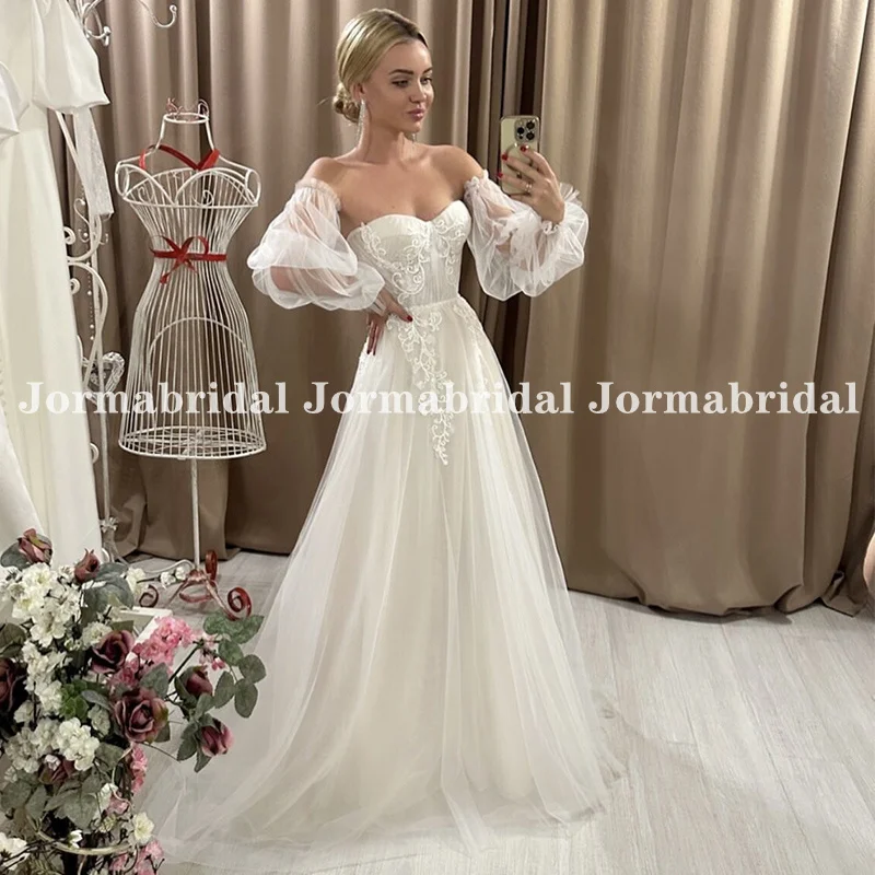 

Sweetheart Neckline Ivory Boho Wedding Dress with Detachable Puffy Sleeves Corset Tulle Beach Bridal Gowns vestidos de novia