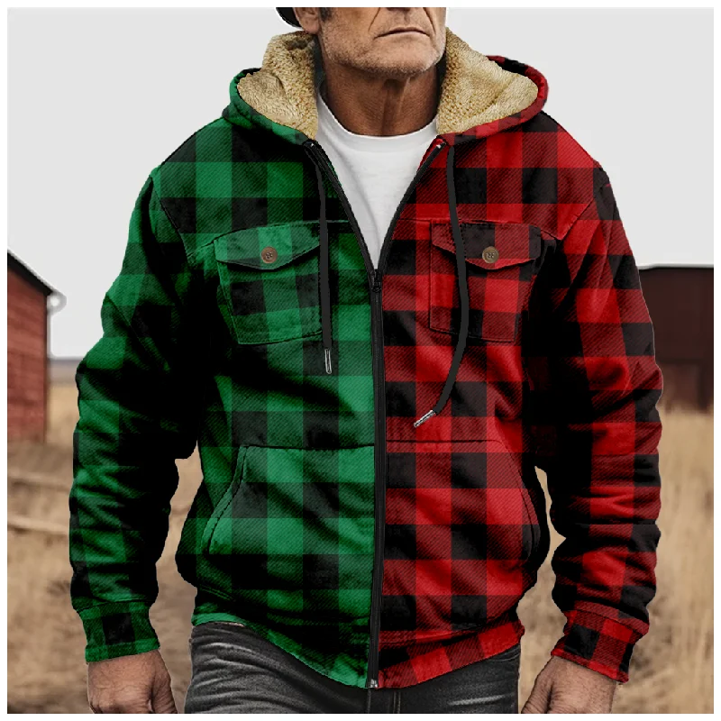 New plaid cotton jacket hooded sweater casual printed men's terry polar velvet zipper patch pocket hooded sweater a04