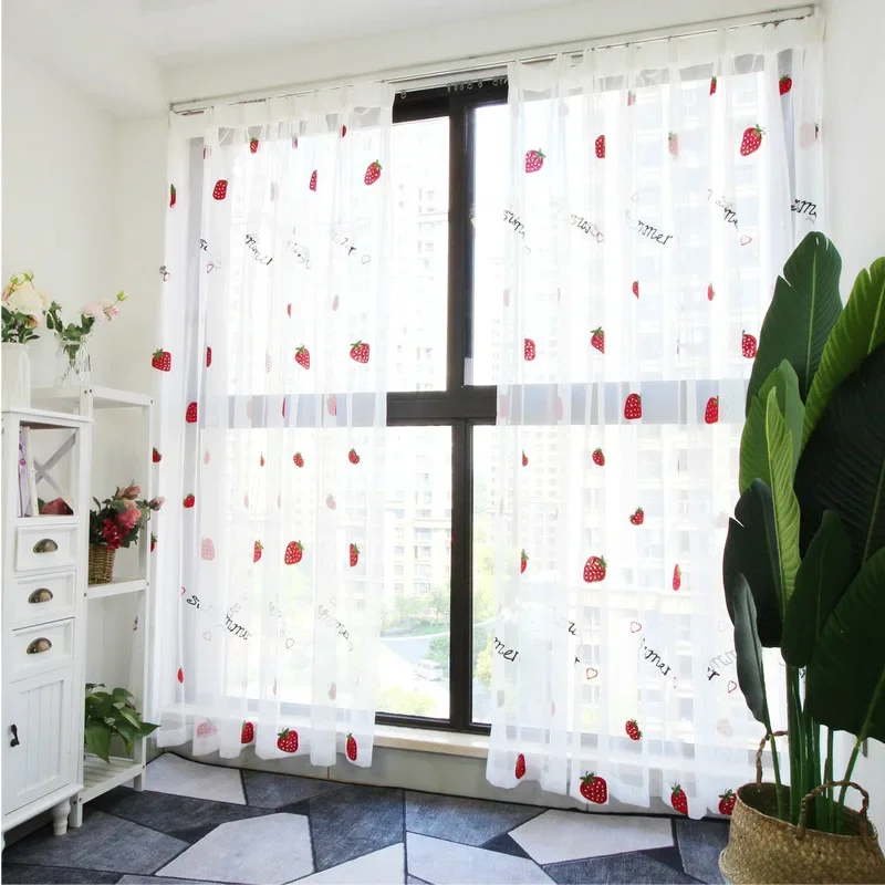 Cute Strawberry Tulle Curtains for Girl Kids Room Curtains Living Room Bedroom Window White Embroidered Sheer