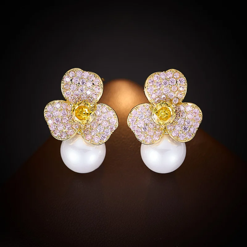 

French Style High-End Zircon Flower Pearl for Women Fashionable Exquisite Light Luxury Fashion Silver Needle Earrings