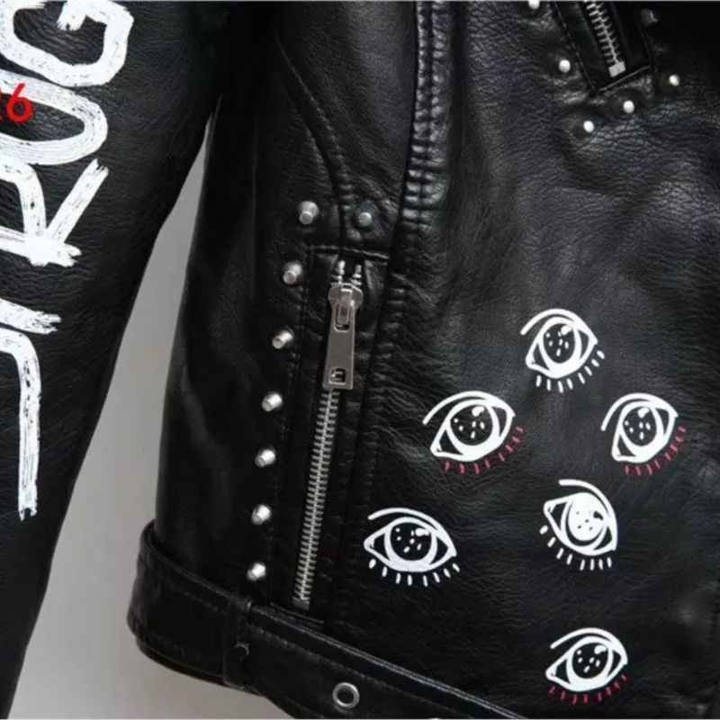 Spring Autumn 2024 New Rivets Letters Print Motorcycle Leather Short Fashion Hip-hop Jacket Women's Coats Female Outwear