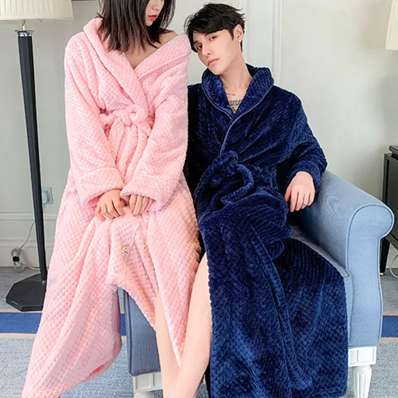 Flannel Couple Sleepwear Autumn Winter Warm Pajamas Large Size Nightgown Robe Long Sleeve Belt Coral Velvet Loungewear Bathrobe