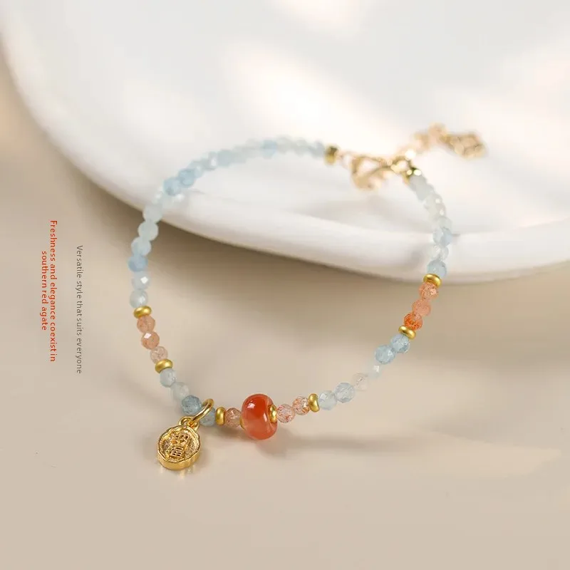 Orange Ocean Advanced Feeling Aquamarine 3mm Cut Edge Bead Hand String Fine Single Circle Stacked Wrist Three Circles Bracelets