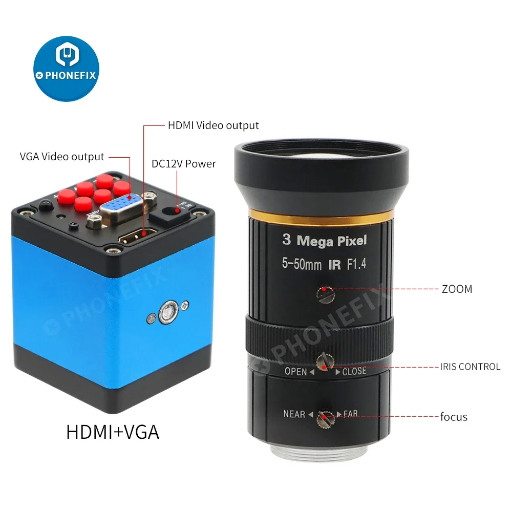 1080P HDMI VGA Industrial Microscope Camera with C MOUNT 5.0-50mm F1.4 Lens for Phone PCB IC Soldering Repair Observe Industry