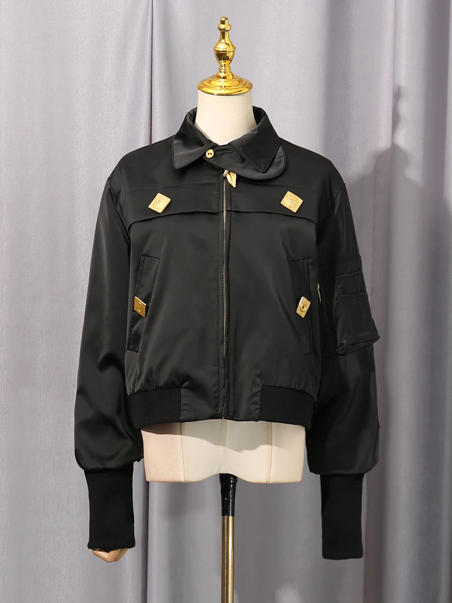 VGH High End Patchwork Metal Buckle Jackets for Women Lapel Long Sleeve Solid Fashionable Spliced Pocket Coat Female Autumn New