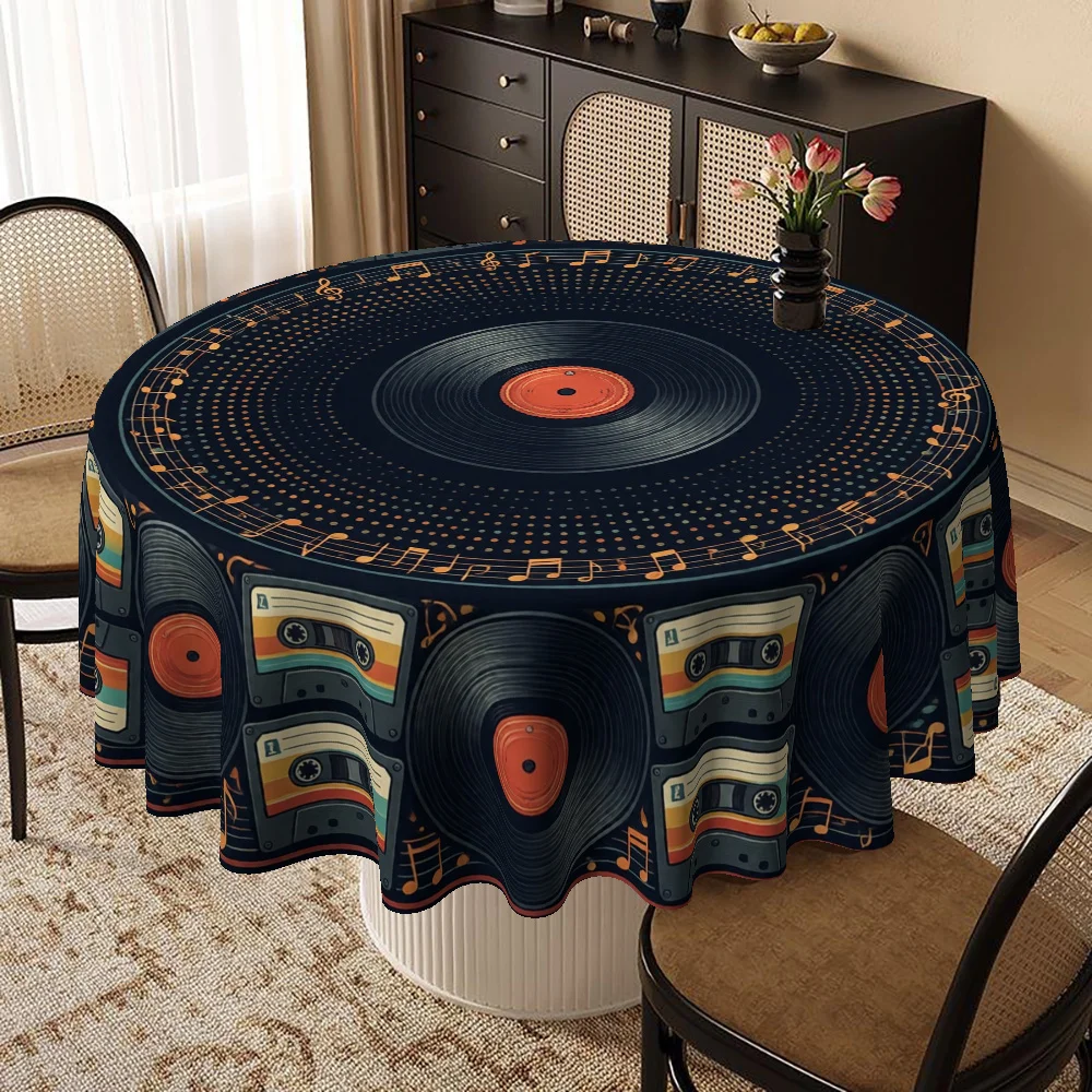 One tablecloth for a music enthusiast party theme, featuring vintage vinyl records and tapes printed on it