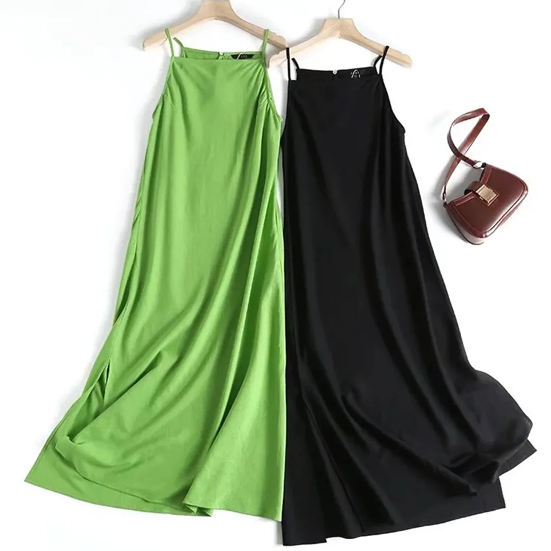 Jenny&Dave  Indie Folk Green Color Cotton Linen Suspender Dress Summer French Style Sexy Fashion Casual Midi Dress Women